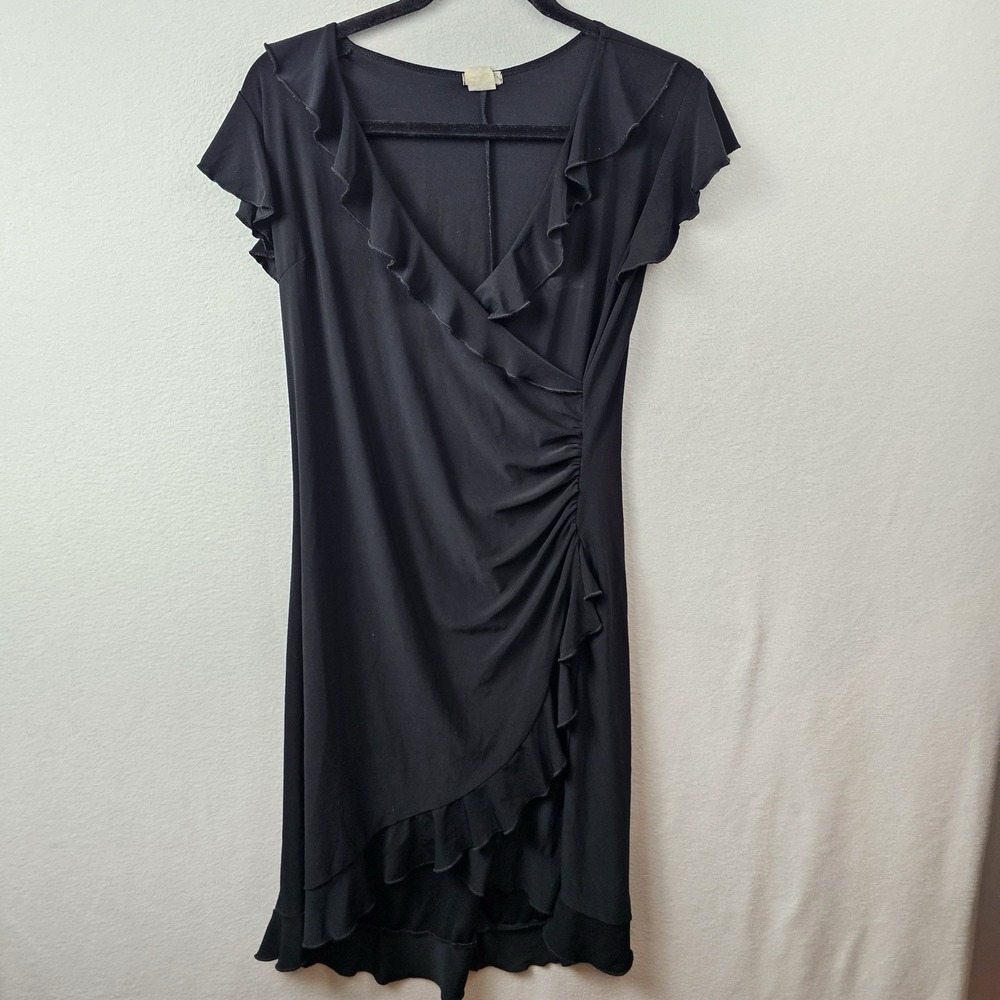 Studio Y Dress Woman's Size Large Black Short Sleeve Faux Wrap Semi Formal